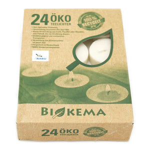 Öko-Teelichter Ø38 mm, BIOKEMA, ohne Alu-Hülle, Brenndauer ca. 4h, 24 St.