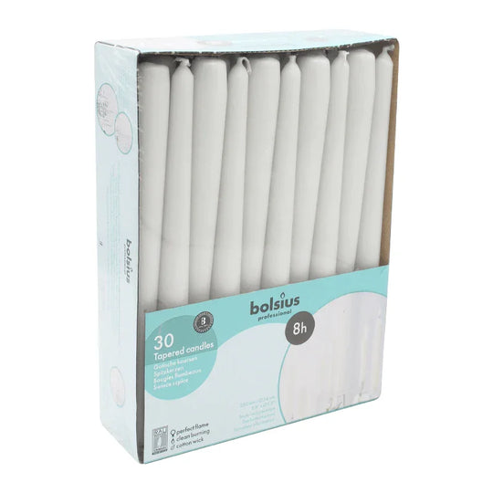 Spitzkerzen, Weiß, BOLSIUS, 24/250 mm, Brenndauer ca. 8h, Box mit 30 Stück