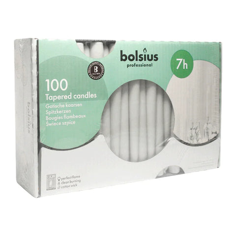 Spitzkerzen, Weiß, BOLSIUS, 23/240 mm, Brenndauer ca. 7h, Box mit 100 Stück - luterne.shop