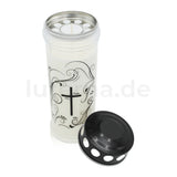 Grabkerzen mit Motiv "Kreuz-Ornament Schwarz/Weiß" und mit Schutzdeckel – ideal für jedes Wetter
